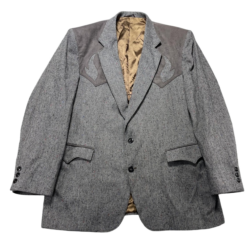 Vintage Circle S Sport Coat Mens 46R Gray Tweed Western Suede Yoke USA 80s